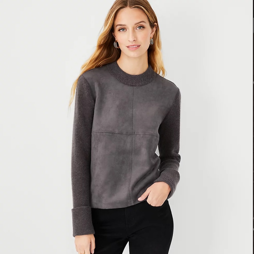 Ann Taylor Faux Suede Mixed Media Sweater, Grey, Size Small (NWT)